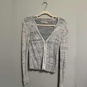 LOFT Gray & White Marled V-Neck Zip Sweater